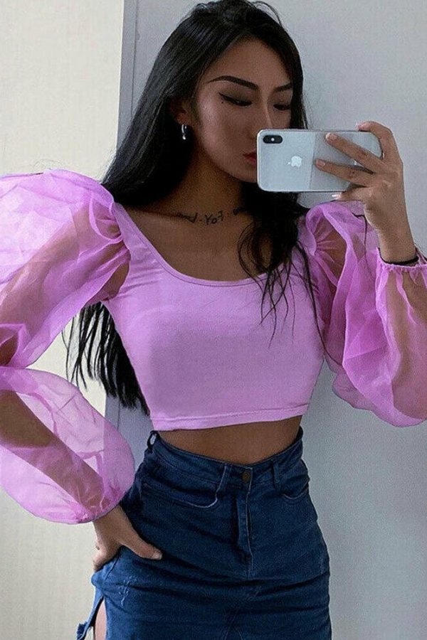 The Best Mesh See Through Lantern Long Sleeve Crop Top Shirt Autumn Women Backless Patchwork Slim Square neck T-Shirt Tees Online - Takalr