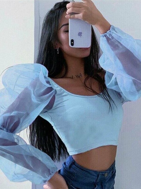 The Best Mesh See Through Lantern Long Sleeve Crop Top Shirt Autumn Women Backless Patchwork Slim Square neck T-Shirt Tees Online - Takalr