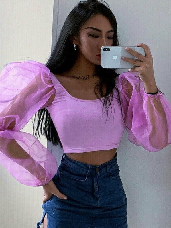 The Best Mesh See Through Lantern Long Sleeve Crop Top Shirt Autumn Women Backless Patchwork Slim Square neck T-Shirt Tees Online - Takalr