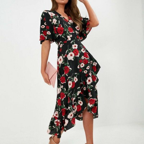 The Best New Boho Women V Neck Floral Slit Dress Holiday Ladies Casual Short Sleeve Summer Long Maxi Wrap Sundress Online - Source Silk