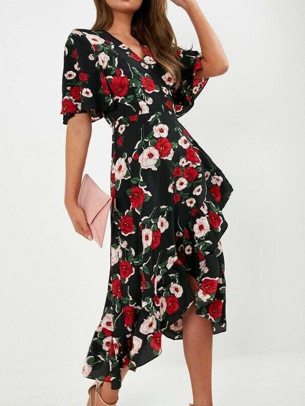 The Best New Boho Women V Neck Floral Slit Dress Holiday Ladies Casual Short Sleeve Summer Long Maxi Wrap Sundress Online - Source Silk