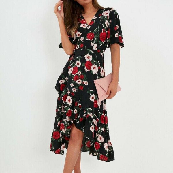 The Best New Boho Women V Neck Floral Slit Dress Holiday Ladies Casual Short Sleeve Summer Long Maxi Wrap Sundress Online - Source Silk