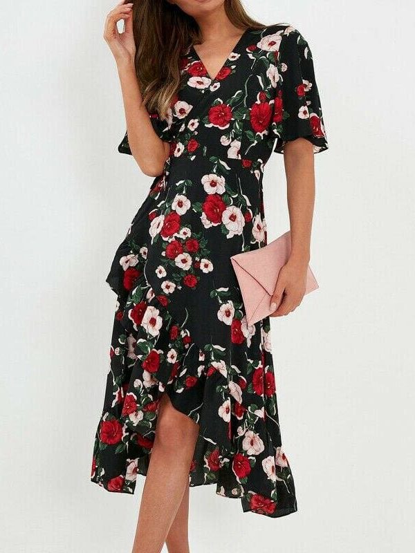 The Best New Boho Women V Neck Floral Slit Dress Holiday Ladies Casual Short Sleeve Summer Long Maxi Wrap Sundress Online - Source Silk