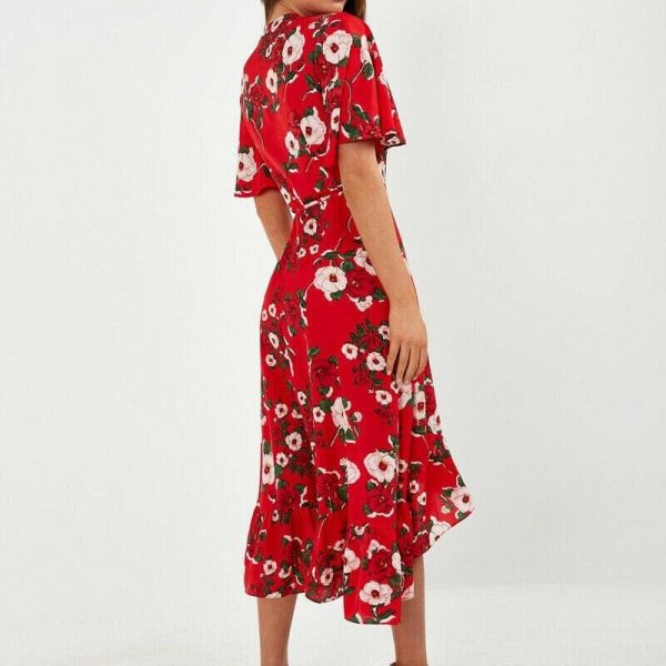 The Best New Boho Women V Neck Floral Slit Dress Holiday Ladies Casual Short Sleeve Summer Long Maxi Wrap Sundress Online - Source Silk