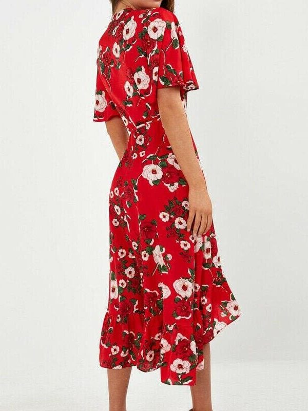 The Best New Boho Women V Neck Floral Slit Dress Holiday Ladies Casual Short Sleeve Summer Long Maxi Wrap Sundress Online - Source Silk