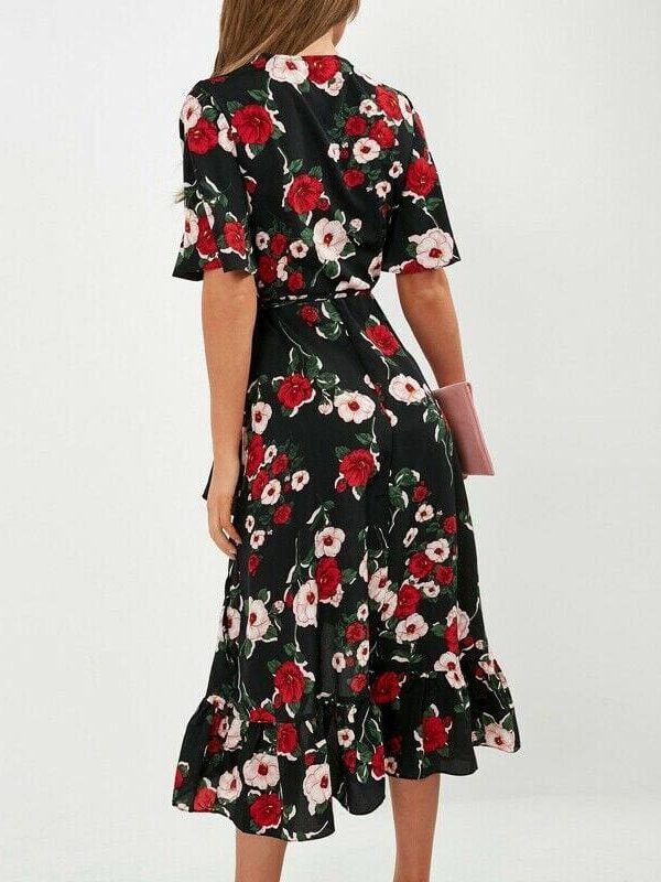 The Best New Boho Women V Neck Floral Slit Dress Holiday Ladies Casual Short Sleeve Summer Long Maxi Wrap Sundress Online - Source Silk