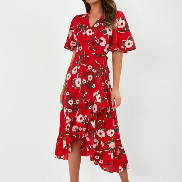 The Best New Boho Women V Neck Floral Slit Dress Holiday Ladies Casual Short Sleeve Summer Long Maxi Wrap Sundress Online - Source Silk