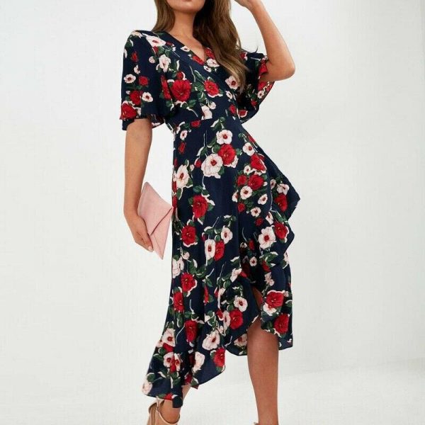 The Best New Boho Women V Neck Floral Slit Dress Holiday Ladies Casual Short Sleeve Summer Long Maxi Wrap Sundress Online - Source Silk