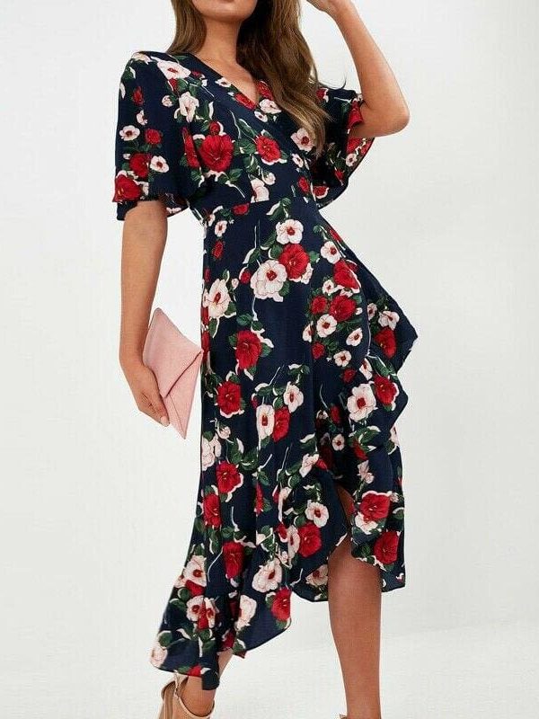 The Best New Boho Women V Neck Floral Slit Dress Holiday Ladies Casual Short Sleeve Summer Long Maxi Wrap Sundress Online - Source Silk