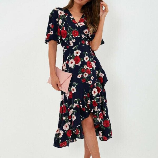 The Best New Boho Women V Neck Floral Slit Dress Holiday Ladies Casual Short Sleeve Summer Long Maxi Wrap Sundress Online - Source Silk