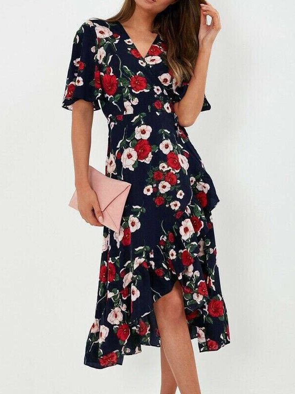 The Best New Boho Women V Neck Floral Slit Dress Holiday Ladies Casual Short Sleeve Summer Long Maxi Wrap Sundress Online - Source Silk