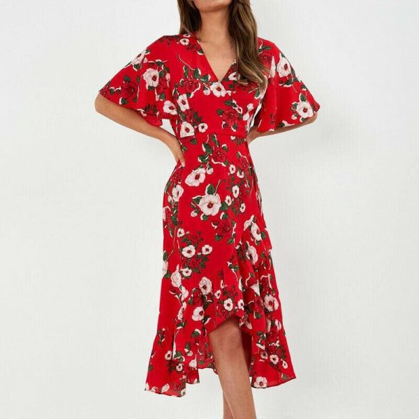 The Best New Boho Women V Neck Floral Slit Dress Holiday Ladies Casual Short Sleeve Summer Long Maxi Wrap Sundress Online - Source Silk