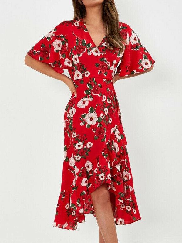 The Best New Boho Women V Neck Floral Slit Dress Holiday Ladies Casual Short Sleeve Summer Long Maxi Wrap Sundress Online - Source Silk