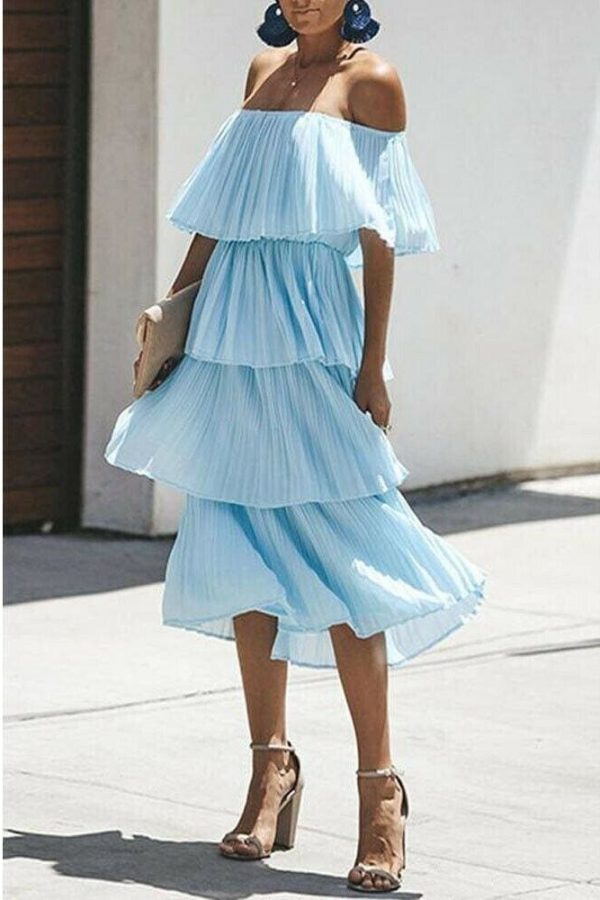 The Best New Boho Women's Summer Beach Ruffle Long Dress Holiday Fashion Ladies Casual Layered Off Shoulder Sun Dresses Online - Source Silk