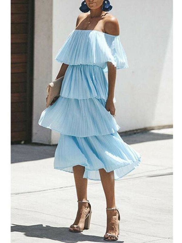 The Best New Boho Women's Summer Beach Ruffle Long Dress Holiday Fashion Ladies Casual Layered Off Shoulder Sun Dresses Online - Source Silk