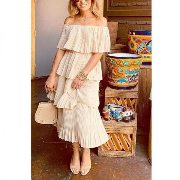 The Best New Boho Women's Summer Beach Ruffle Long Dress Holiday Fashion Ladies Casual Layered Off Shoulder Sun Dresses Online - Source Silk