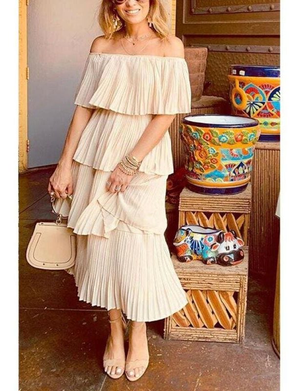 The Best New Boho Women's Summer Beach Ruffle Long Dress Holiday Fashion Ladies Casual Layered Off Shoulder Sun Dresses Online - Source Silk