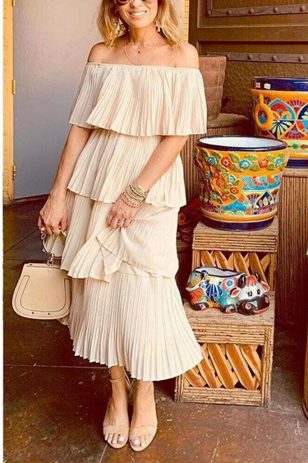 The Best New Boho Women's Summer Beach Ruffle Long Dress Holiday Fashion Ladies Casual Layered Off Shoulder Sun Dresses Online - Source Silk