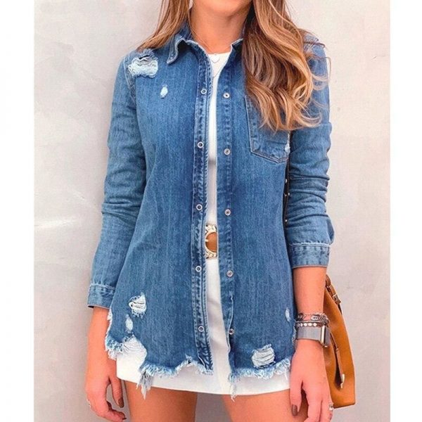 The Best New Fashion Autumn Women's Hole Patch Denim Ripped Jeans Distressed Denim Long Sleeve Jacket Coat Outwear Streetwear Online - Source Silk