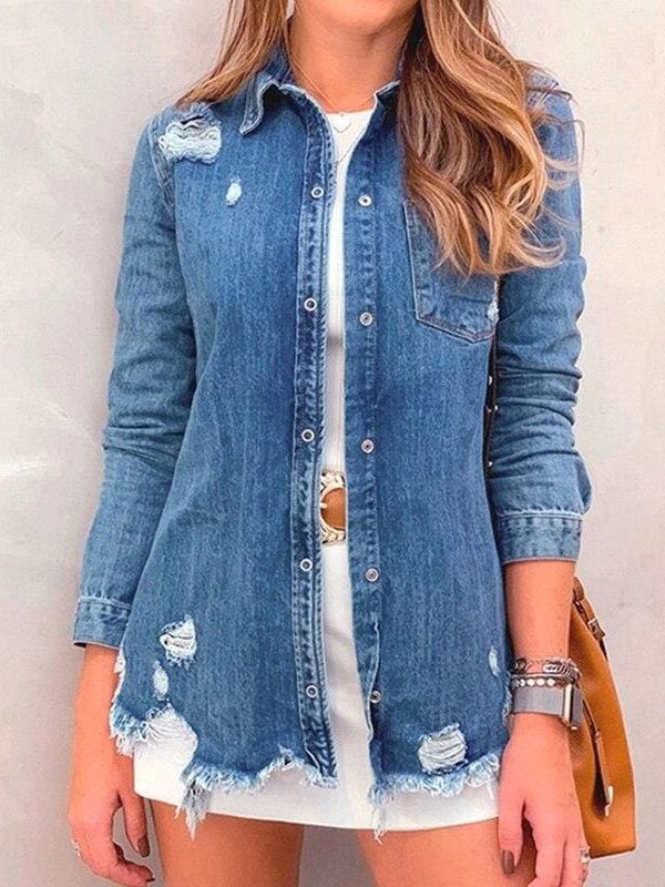 The Best New Fashion Autumn Women's Hole Patch Denim Ripped Jeans Distressed Denim Long Sleeve Jacket Coat Outwear Streetwear Online - Source Silk