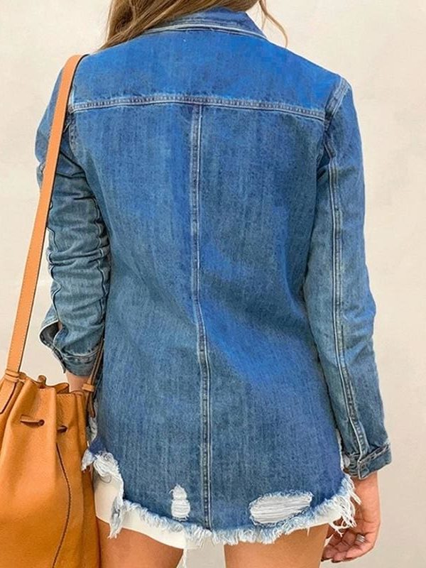 The Best New Fashion Autumn Women's Hole Patch Denim Ripped Jeans Distressed Denim Long Sleeve Jacket Coat Outwear Streetwear Online - Source Silk