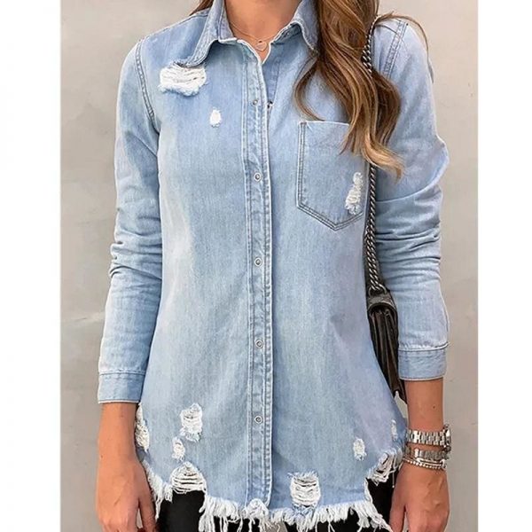 The Best New Fashion Autumn Women's Hole Patch Denim Ripped Jeans Distressed Denim Long Sleeve Jacket Coat Outwear Streetwear Online - Source Silk