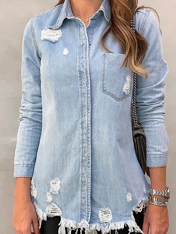 The Best New Fashion Autumn Women's Hole Patch Denim Ripped Jeans Distressed Denim Long Sleeve Jacket Coat Outwear Streetwear Online - Source Silk