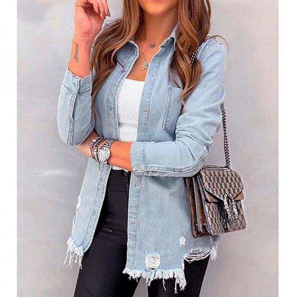 The Best New Fashion Autumn Women's Hole Patch Denim Ripped Jeans Distressed Denim Long Sleeve Jacket Coat Outwear Streetwear Online - Source Silk