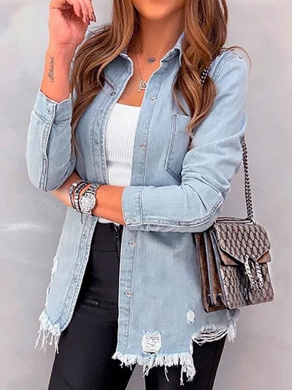 The Best New Fashion Autumn Women's Hole Patch Denim Ripped Jeans Distressed Denim Long Sleeve Jacket Coat Outwear Streetwear Online - Source Silk