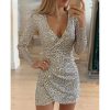 The Best New Fashion Long Sleeve Sequin Deep V-neck women slim fit mini dress Online - Takalr