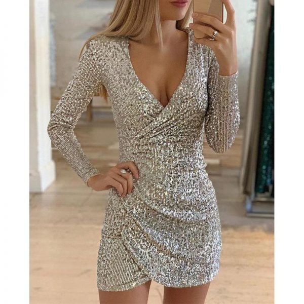 The Best New Fashion Long Sleeve Sequin Deep V-neck women slim fit mini dress Online - Takalr