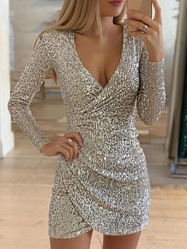 The Best New Fashion Long Sleeve Sequin Deep V-neck women slim fit mini dress Online - Takalr