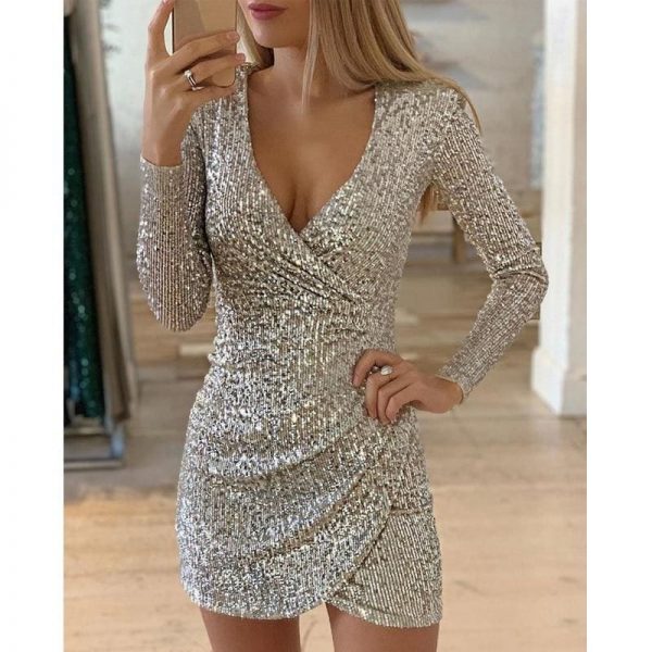 The Best New Fashion Long Sleeve Sequin Deep V-neck women slim fit mini dress Online - Takalr