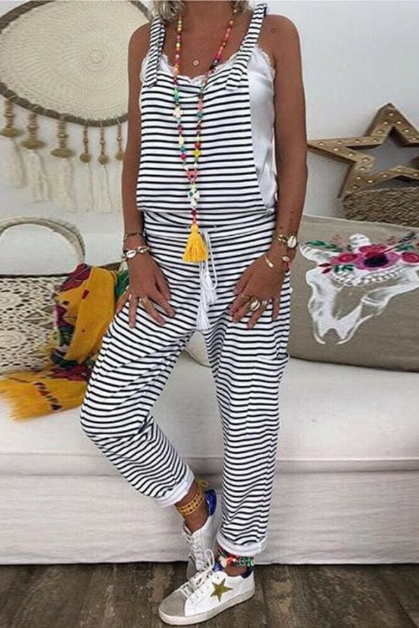 The Best New Fashion Romper Women Striped Sleeveless Loose Jumpsuit Dungarees Overall Casual Harem Loose Strap Pant Trousers Online - Source Silk