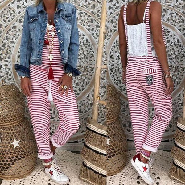 The Best New Fashion Romper Women Striped Sleeveless Loose Jumpsuit Dungarees Overall Casual Harem Loose Strap Pant Trousers Online - Source Silk