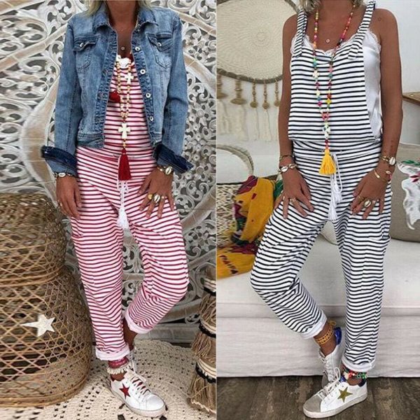 The Best New Fashion Romper Women Striped Sleeveless Loose Jumpsuit Dungarees Overall Casual Harem Loose Strap Pant Trousers Online - Source Silk