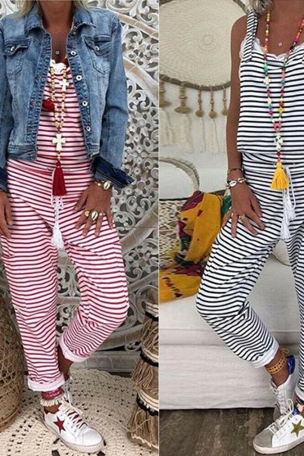 The Best New Fashion Romper Women Striped Sleeveless Loose Jumpsuit Dungarees Overall Casual Harem Loose Strap Pant Trousers Online - Source Silk