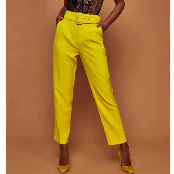 The Best New Fashion Solid Casual Pants High Waist Belted Straight Leg Slacks Office Lady Suit Pants Women Trousers Online - Source Silk