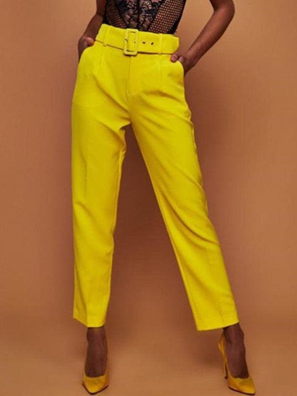 The Best New Fashion Solid Casual Pants High Waist Belted Straight Leg Slacks Office Lady Suit Pants Women Trousers Online - Source Silk