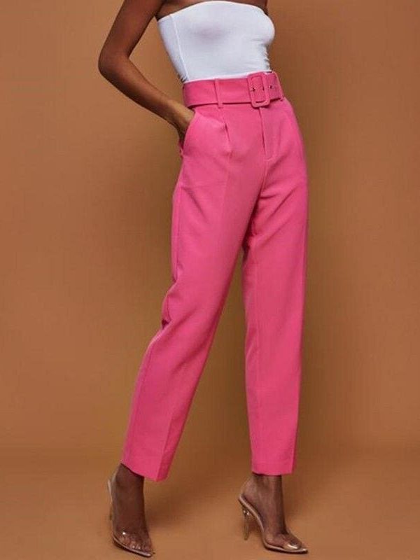 The Best New Fashion Solid Casual Pants High Waist Belted Straight Leg Slacks Office Lady Suit Pants Women Trousers Online - Source Silk