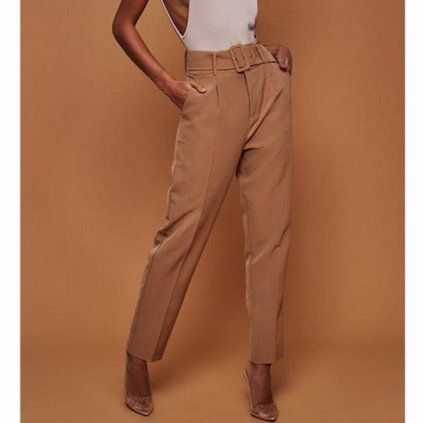 The Best New Fashion Solid Casual Pants High Waist Belted Straight Leg Slacks Office Lady Suit Pants Women Trousers Online - Source Silk