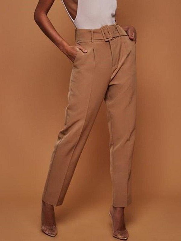 The Best New Fashion Solid Casual Pants High Waist Belted Straight Leg Slacks Office Lady Suit Pants Women Trousers Online - Source Silk