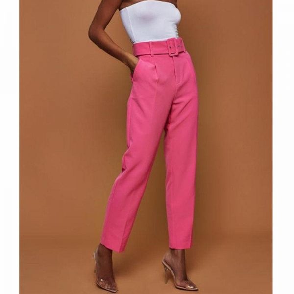 The Best New Fashion Solid Casual Pants High Waist Belted Straight Leg Slacks Office Lady Suit Pants Women Trousers Online - Source Silk