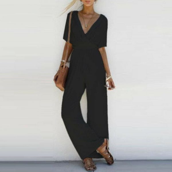 The Best New Fashion Summer Casual Women V Neck Loose Playsuit Party Ladies Romper Solid Short Sleeve V Neck Long Jumpsuit Online - Source Silk