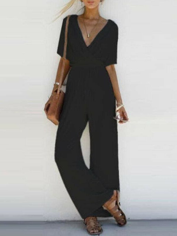 The Best New Fashion Summer Casual Women V Neck Loose Playsuit Party Ladies Romper Solid Short Sleeve V Neck Long Jumpsuit Online - Source Silk