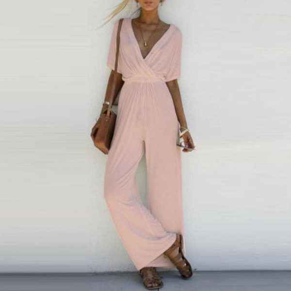 The Best New Fashion Summer Casual Women V Neck Loose Playsuit Party Ladies Romper Solid Short Sleeve V Neck Long Jumpsuit Online - Source Silk