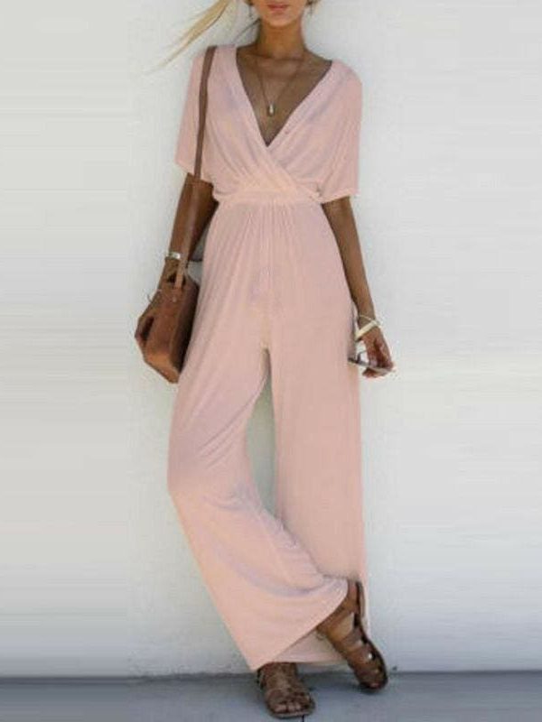 The Best New Fashion Summer Casual Women V Neck Loose Playsuit Party Ladies Romper Solid Short Sleeve V Neck Long Jumpsuit Online - Source Silk