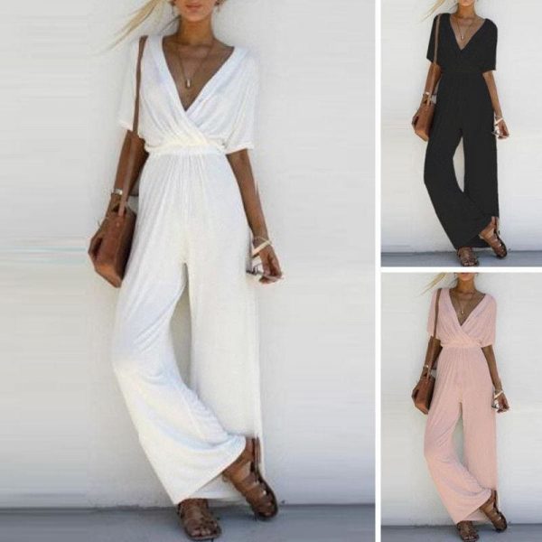 The Best New Fashion Summer Casual Women V Neck Loose Playsuit Party Ladies Romper Solid Short Sleeve V Neck Long Jumpsuit Online - Source Silk