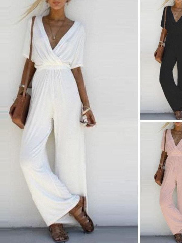 The Best New Fashion Summer Casual Women V Neck Loose Playsuit Party Ladies Romper Solid Short Sleeve V Neck Long Jumpsuit Online - Source Silk