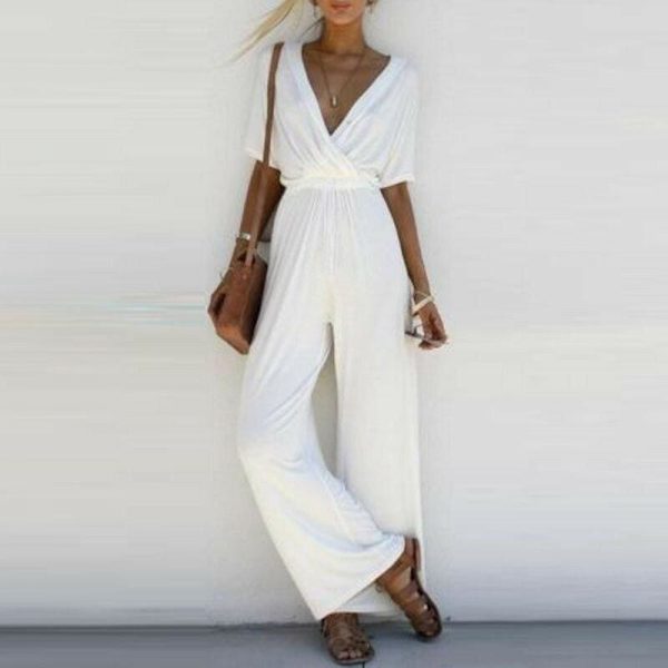 The Best New Fashion Summer Casual Women V Neck Loose Playsuit Party Ladies Romper Solid Short Sleeve V Neck Long Jumpsuit Online - Source Silk